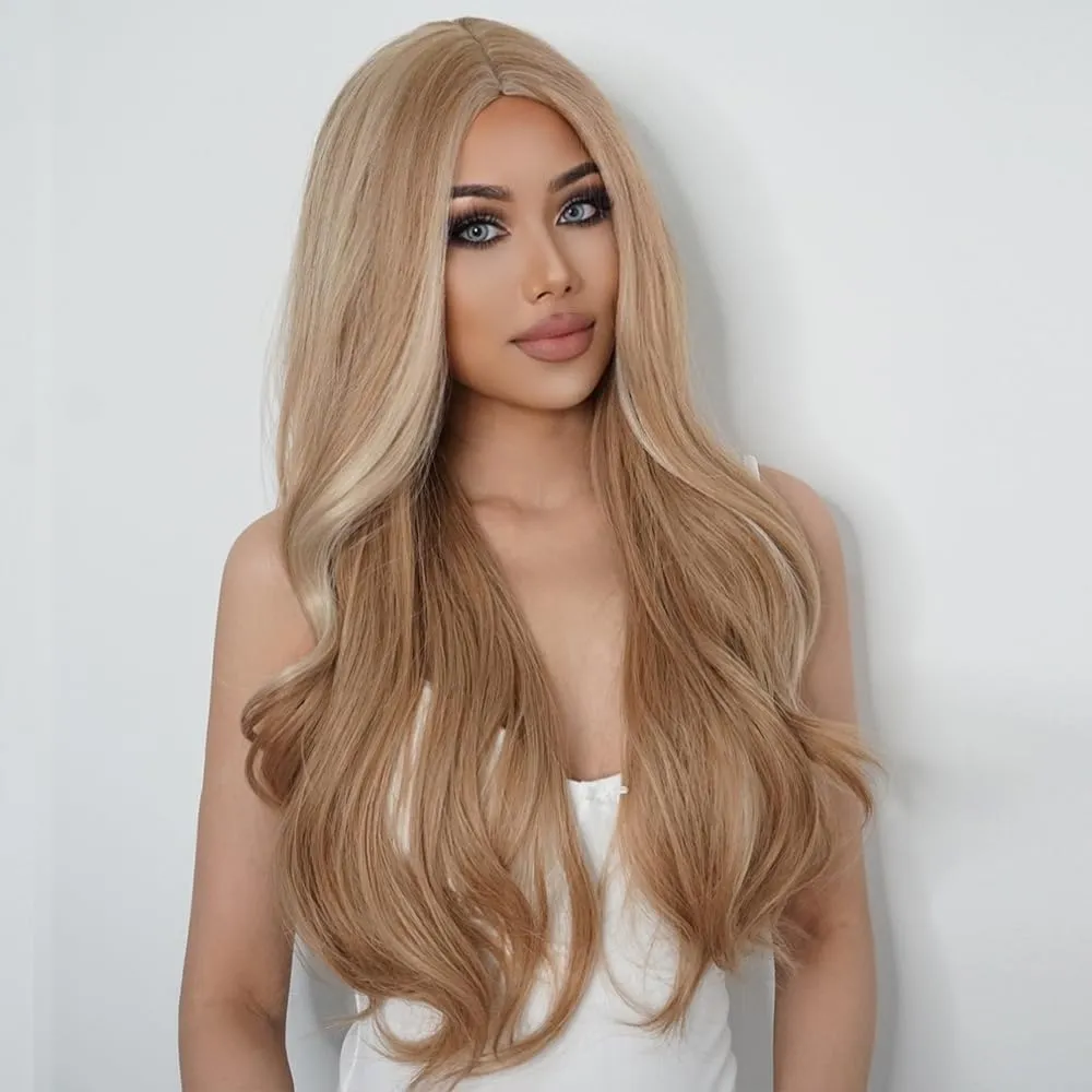 WL-07 Long Wavy Wig for Women 26 Inch Middle Part Curly Wavy Wig Natural Looking Synthetic Heat Resistant Fiber Wig for Daily Party Cosplay Halloween Use (Blonde with Highlights)