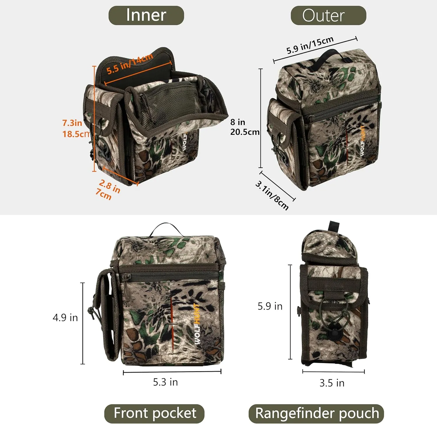WOLFHUNT Binocular Harness Chest Pack Magnetic Closure, Bino Case with Detachable Rangefinder Pouch, Camouflage Bino Bag with Adjustable Strap for Hunting, Field Observation