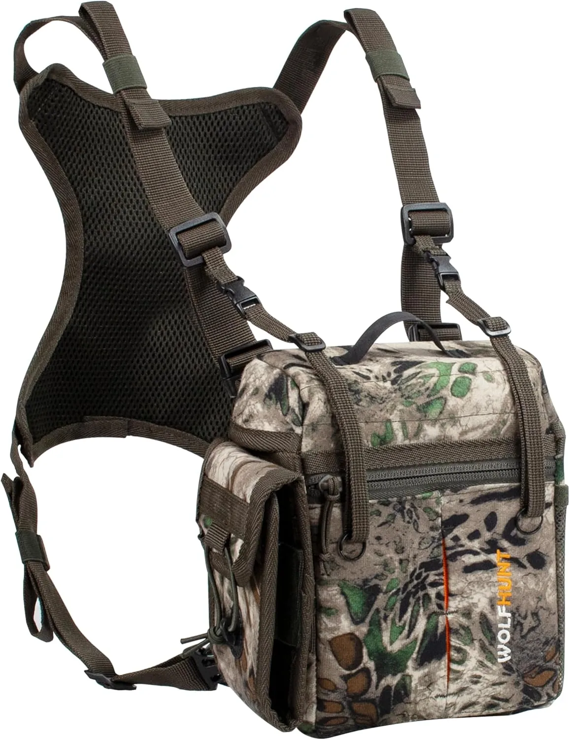 WOLFHUNT Binocular Harness Chest Pack Magnetic Closure, Bino Case with Detachable Rangefinder Pouch, Camouflage Bino Bag with Adjustable Strap for Hunting, Field Observation