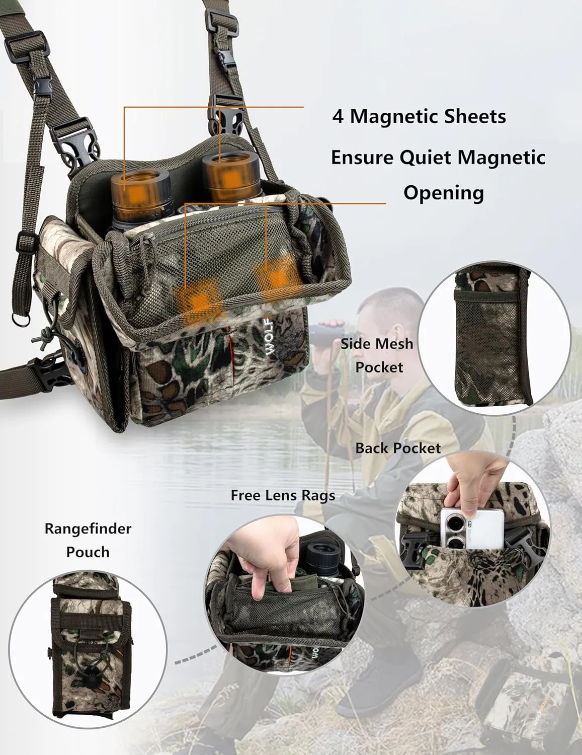 WOLFHUNT Binocular Harness Chest Pack Magnetic Closure, Bino Case with Detachable Rangefinder Pouch, Camouflage Bino Bag with Adjustable Strap for Hunting, Field Observation