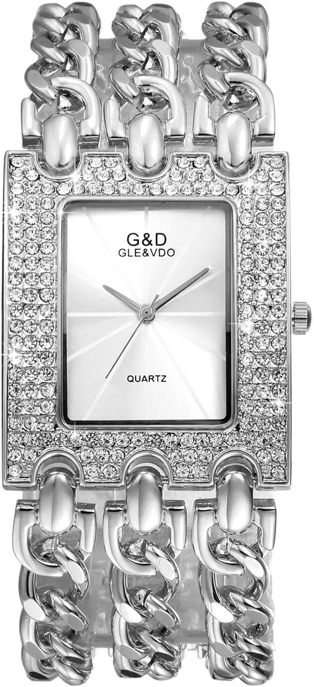 Women Iced Out Bling Watch Square Round Silver Rhinestones Crystal Bezel Bracelet Bangle Cuff Casual Fashion Dress Wrist Watch for Christmas