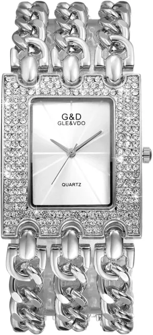 Women Iced Out Bling Watch Square Round Silver Rhinestones Crystal Bezel Bracelet Bangle Cuff Casual Fashion Dress Wrist Watch for Christmas