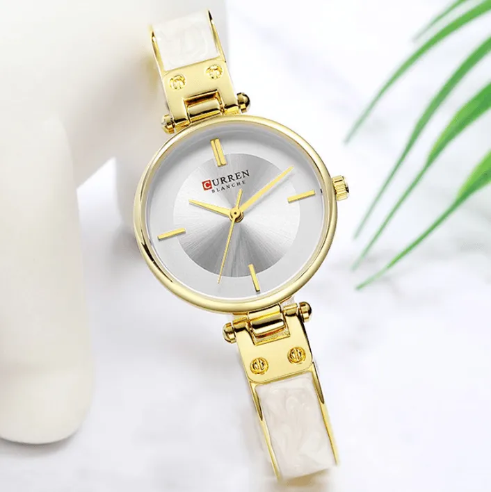 Womens Elegant Stainless Steel Watch With Ceramic Bracelet In Shimmering Marble Colors