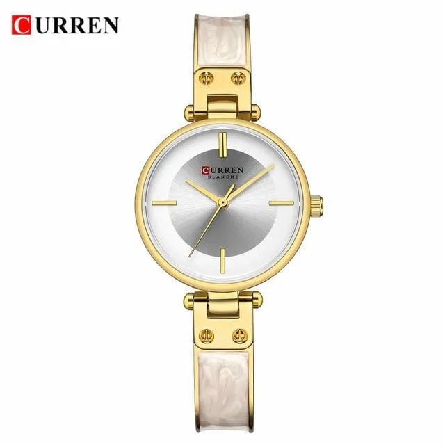 Womens Elegant Stainless Steel Watch With Ceramic Bracelet In Shimmering Marble Colors