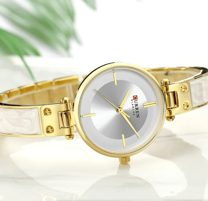 Womens Elegant Stainless Steel Watch With Ceramic Bracelet In Shimmering Marble Colors
