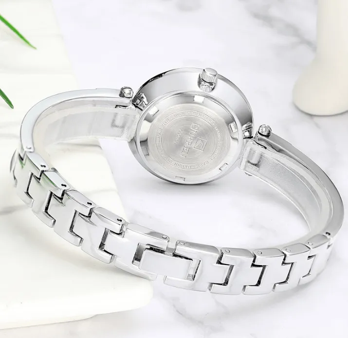 Womens Elegant Stainless Steel Watch With Ceramic Bracelet In Shimmering Marble Colors