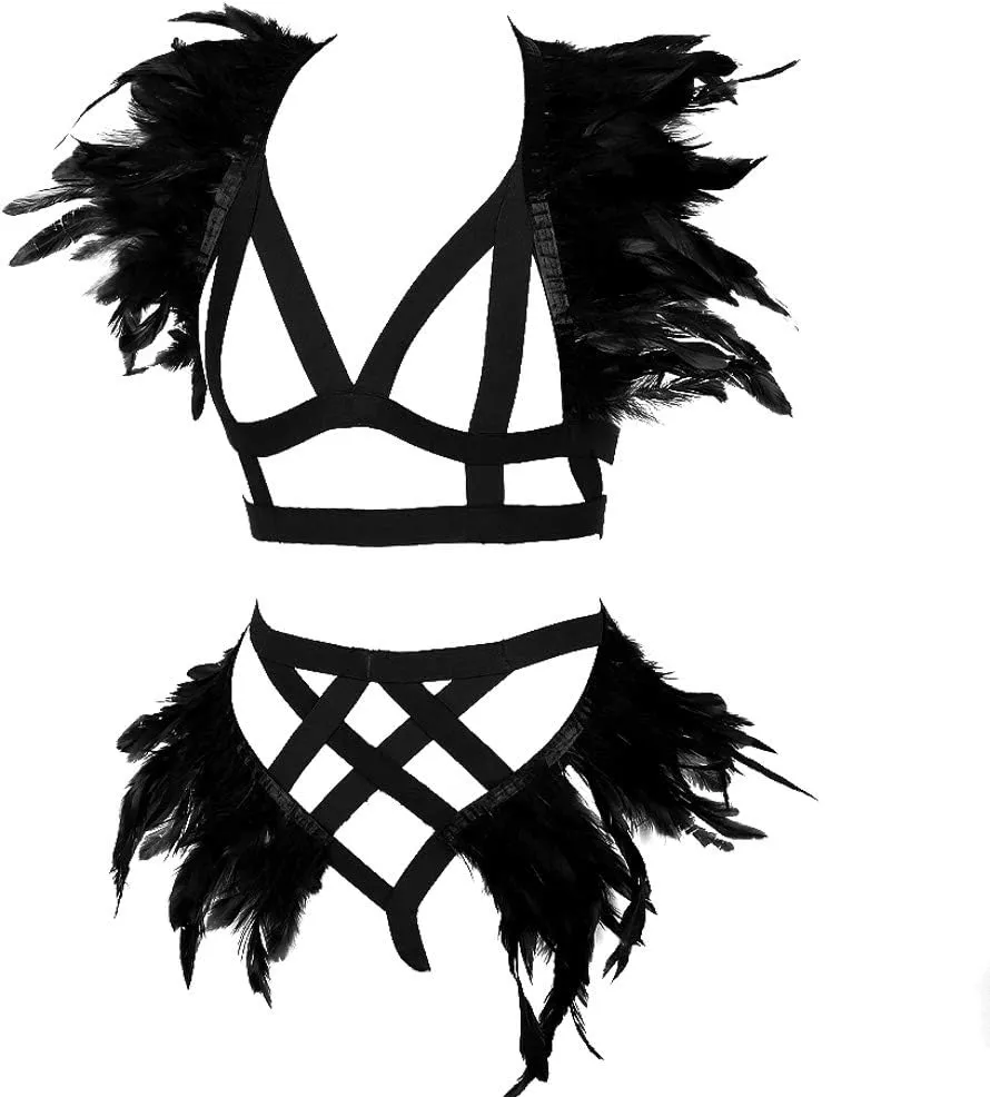 Women's Feathers Body Harness Epaulets Wings Punk Gothic Leg Garter Photography Clothing Accessories(