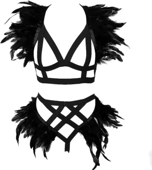Women's Feathers Body Harness Epaulets Wings Punk Gothic Leg Garter Photography Clothing Accessories(