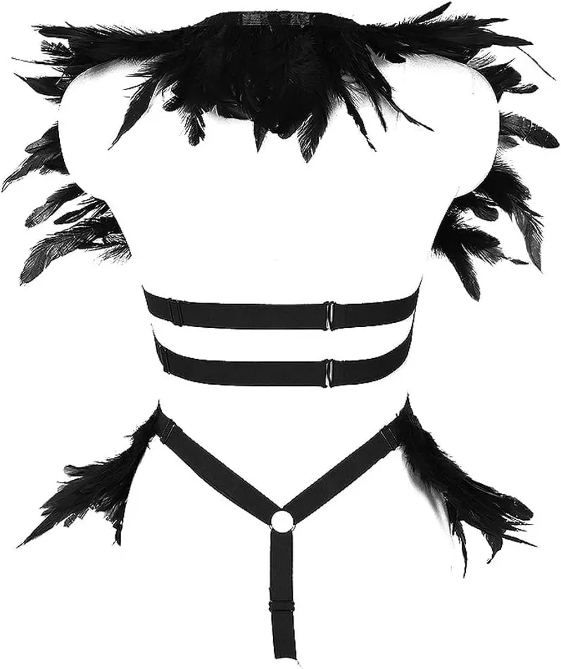 Women's Feathers Body Harness Epaulets Wings Punk Gothic Leg Garter Photography Clothing Accessories(