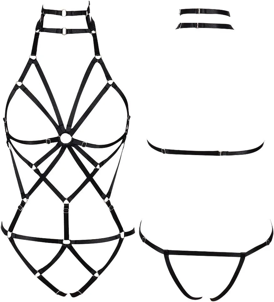 Women's Punk Body Harness Lingerie Full Waist Garter Belts Set Strappy Frame Cage Rave bras