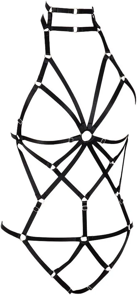 Women's Punk Body Harness Lingerie Full Waist Garter Belts Set Strappy Frame Cage Rave bras