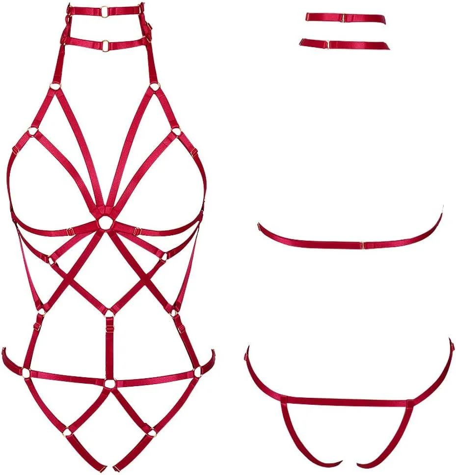Women's Punk Body Harness Lingerie Full Waist Garter Belts Set Strappy Frame Cage Rave bras