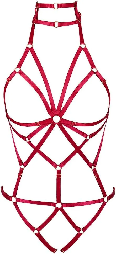 Women's Punk Body Harness Lingerie Full Waist Garter Belts Set Strappy Frame Cage Rave bras