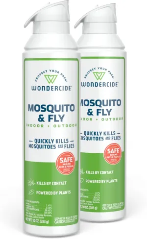 Wondercide - Mosquito and Fly Aerosol Spray - Fly, Gnat, Flying Bug, Mosquito Killer with Natural Essential Oils - Quick Kill for Outdoor and Indoor Areas - Pet and Family Safe - 10 oz - 2 Pack