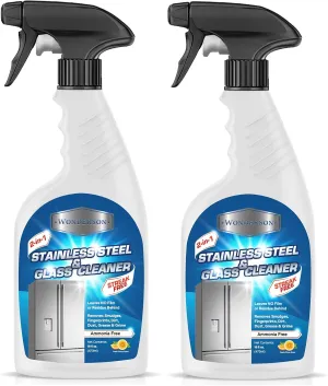 Wonderson 2-In-1 Stainless Steel & Glass Cleaner 16 Ounces - For Use On Appliances, Countertops, Sinks, Stovetops, Dishwashers, Windows, Bathrooms, Cars, & More! (2 Pack)
