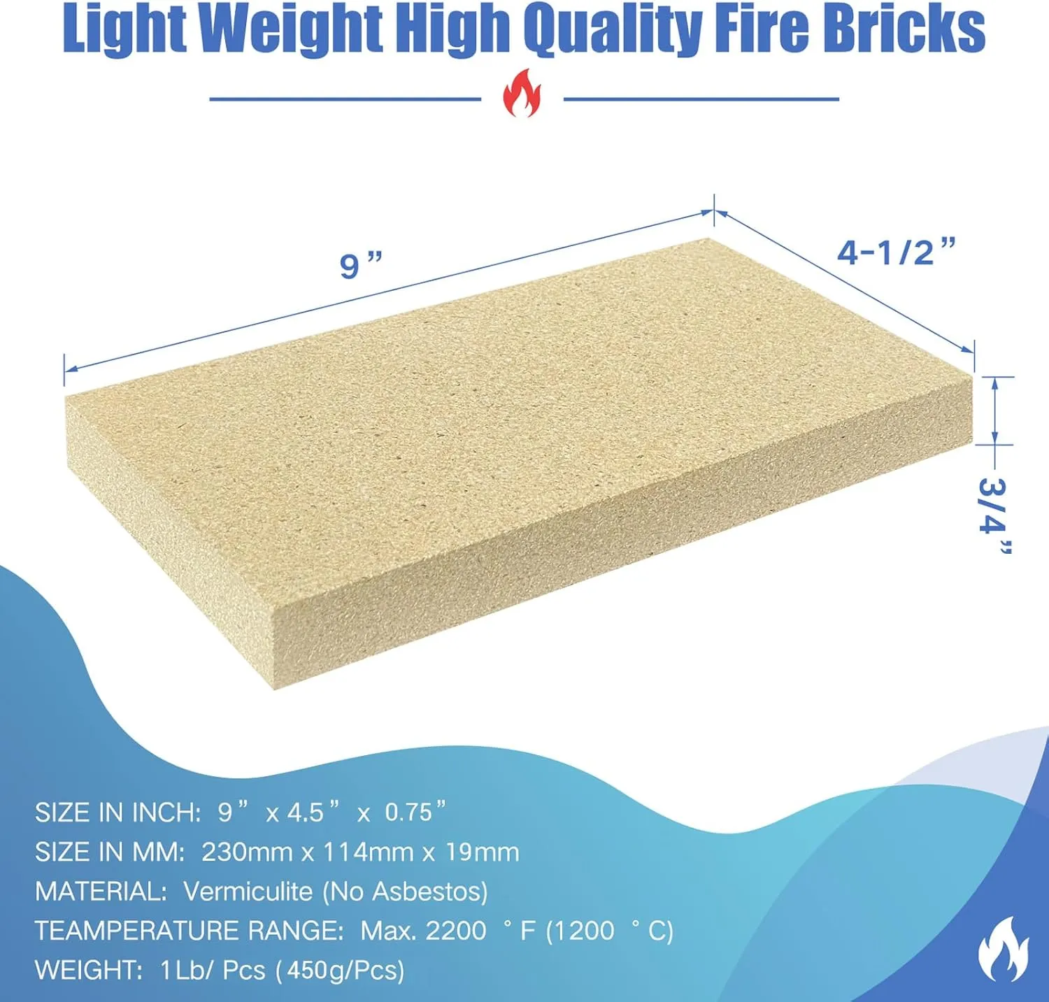 Woodstove Firebricks, Fire Bricks, Size 9" X 4-1/2" X 3/4", High Temperature Resistant Fire Bricks Replacement for Wood Stoves, 6 Pieces