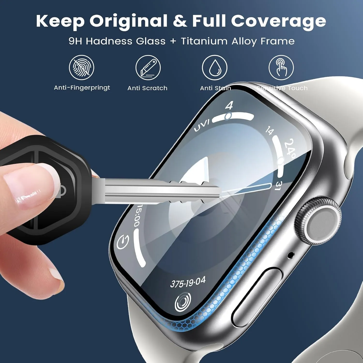 WSKEN for Apple Watch Screen Protector 41mm Series 9 8 7, Titanium Alloy Frame   9H Tempered Glass, [Keep Original] [Touch Sensitive] Lightweight Protective Glass for iwatch 41mm 2 Pack,Silver