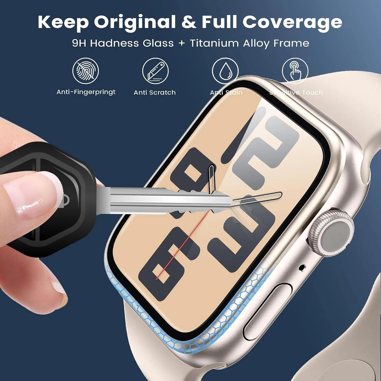 WSKEN for Apple Watch Screen Protector 44mm Series 9 8 7, Titanium Alloy Frame   9H Tempered Glass, [Keep Original] [Touch Sensitive] Lightweight Protective Glass for iwatch 44mm 2 Pack