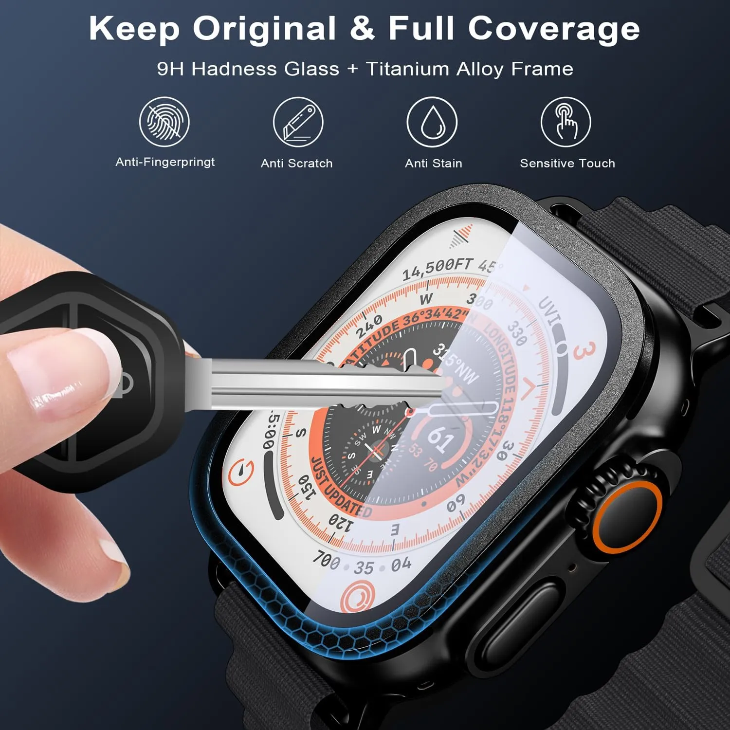 WSKEN for Apple Watch Ultra 2/Ultra Screen Protector 49mm,9H Tempered Glass   Titanium Alloy Frame, [Keep Original] [Touch Sensitive] Lightweight Protective Glass Film for iwatch Ultra 2 Pack,Black