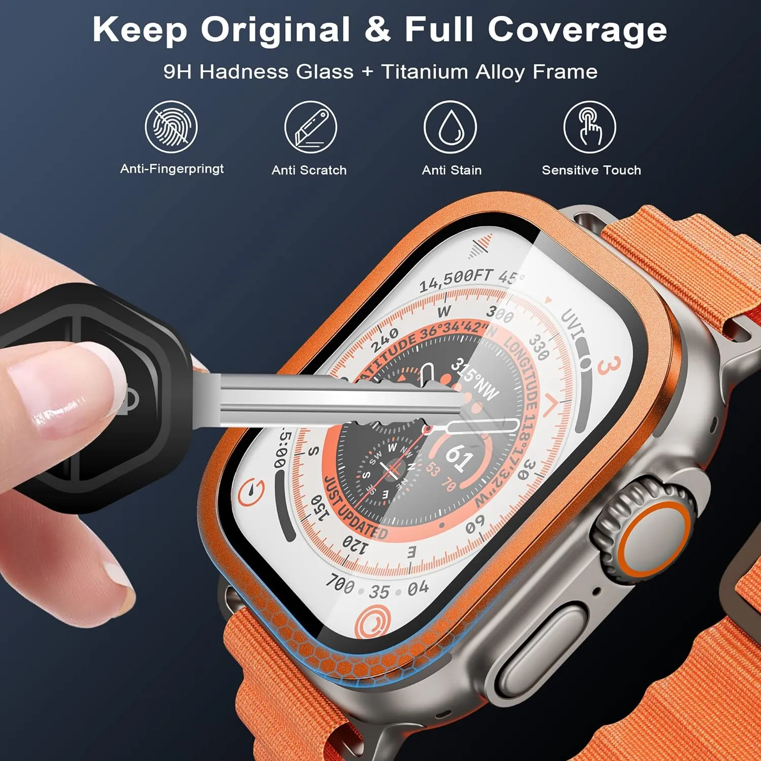 WSKEN for Apple Watch Ultra Screen Protector 49mm, 9H Tempered Glass   Titanium Alloy Frame, Lightweight Protective Glass Film for iWatch Ultra 2 Pack, Orange