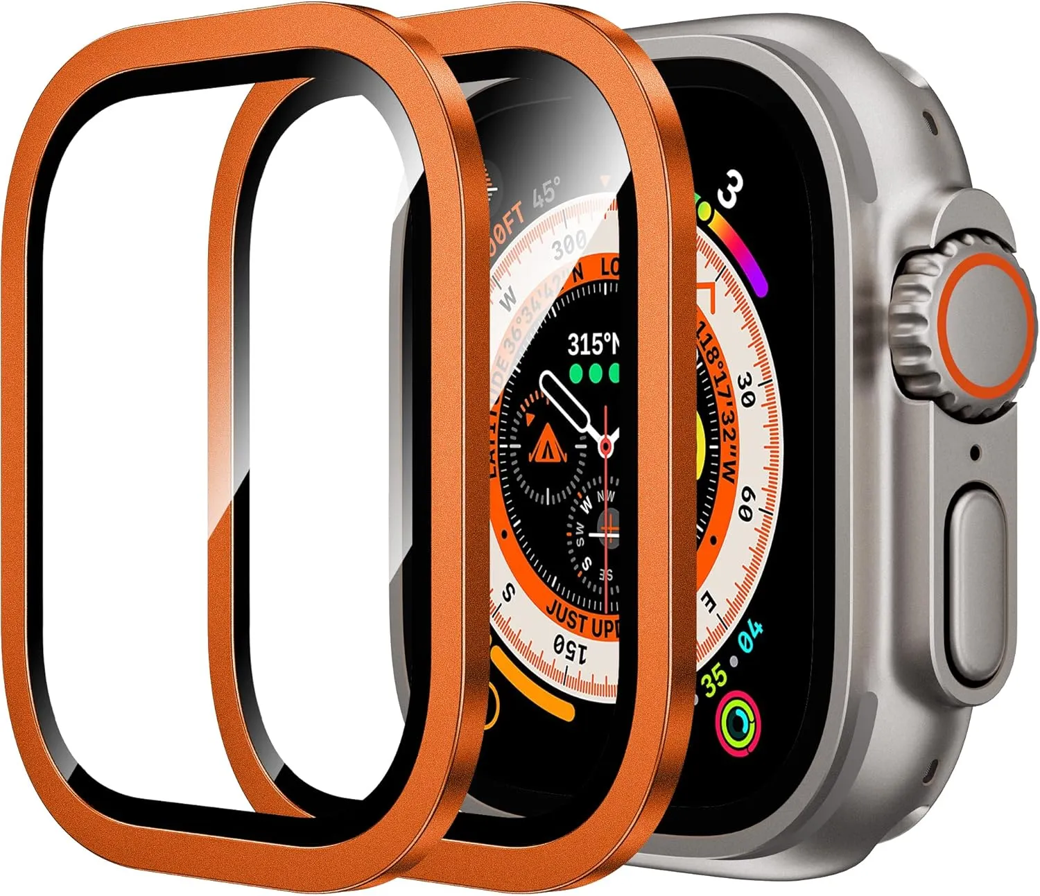WSKEN for Apple Watch Ultra Screen Protector 49mm, 9H Tempered Glass   Titanium Alloy Frame, Lightweight Protective Glass Film for iWatch Ultra 2 Pack, Orange