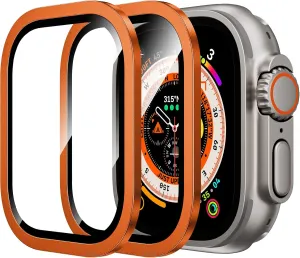 WSKEN for Apple Watch Ultra Screen Protector 49mm, 9H Tempered Glass   Titanium Alloy Frame, Lightweight Protective Glass Film for iWatch Ultra 2 Pack, Orange