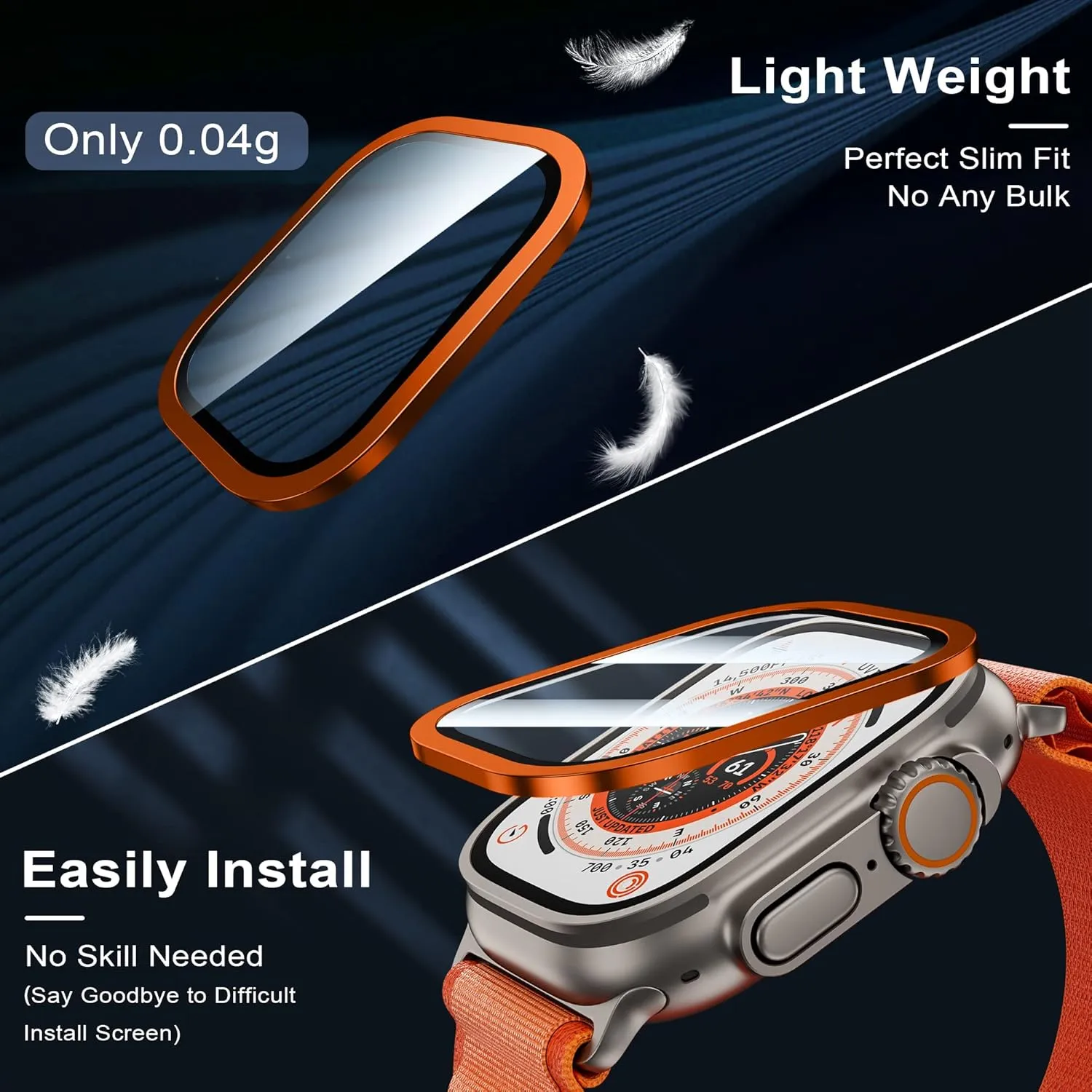 WSKEN for Apple Watch Ultra Screen Protector 49mm, 9H Tempered Glass   Titanium Alloy Frame, Lightweight Protective Glass Film for iWatch Ultra 2 Pack, Orange