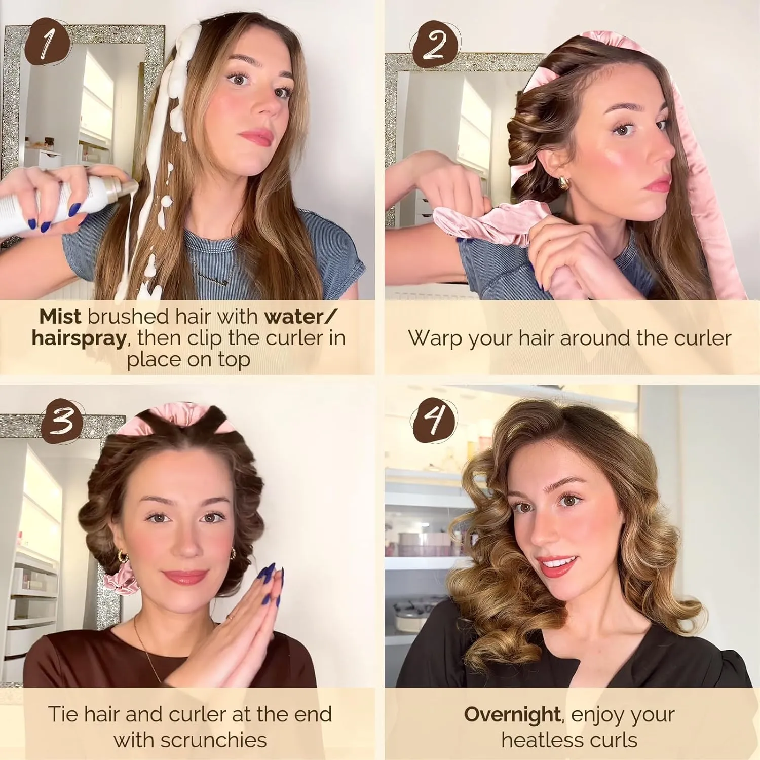 Yanibest Satin Heatless Curler Set, Overnight Hair Curler to Sleep in, No Heat Heatless Curl with Scrunchies and Clip，Green