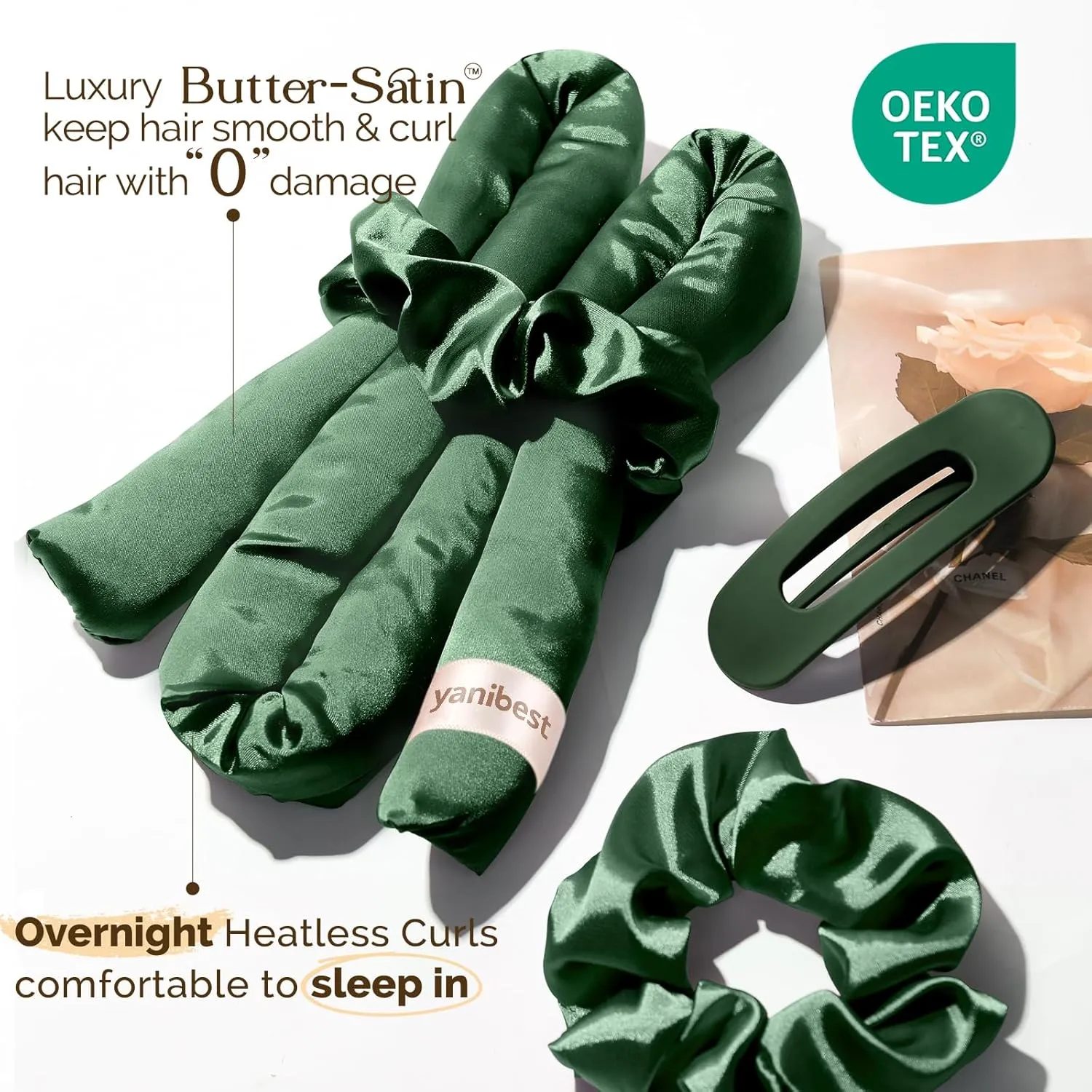 Yanibest Satin Heatless Curler Set, Overnight Hair Curler to Sleep in, No Heat Heatless Curl with Scrunchies and Clip，Green