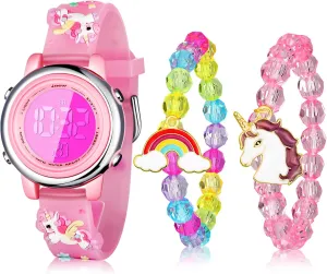 Yaomiao 3 Pieces Kids Unicorn Digital Sport Watches and Bracelets,7 Color Lights, Alarm, Stopwatch, 3D Waterproof Watch Gift for Girls 3-10 Years Old