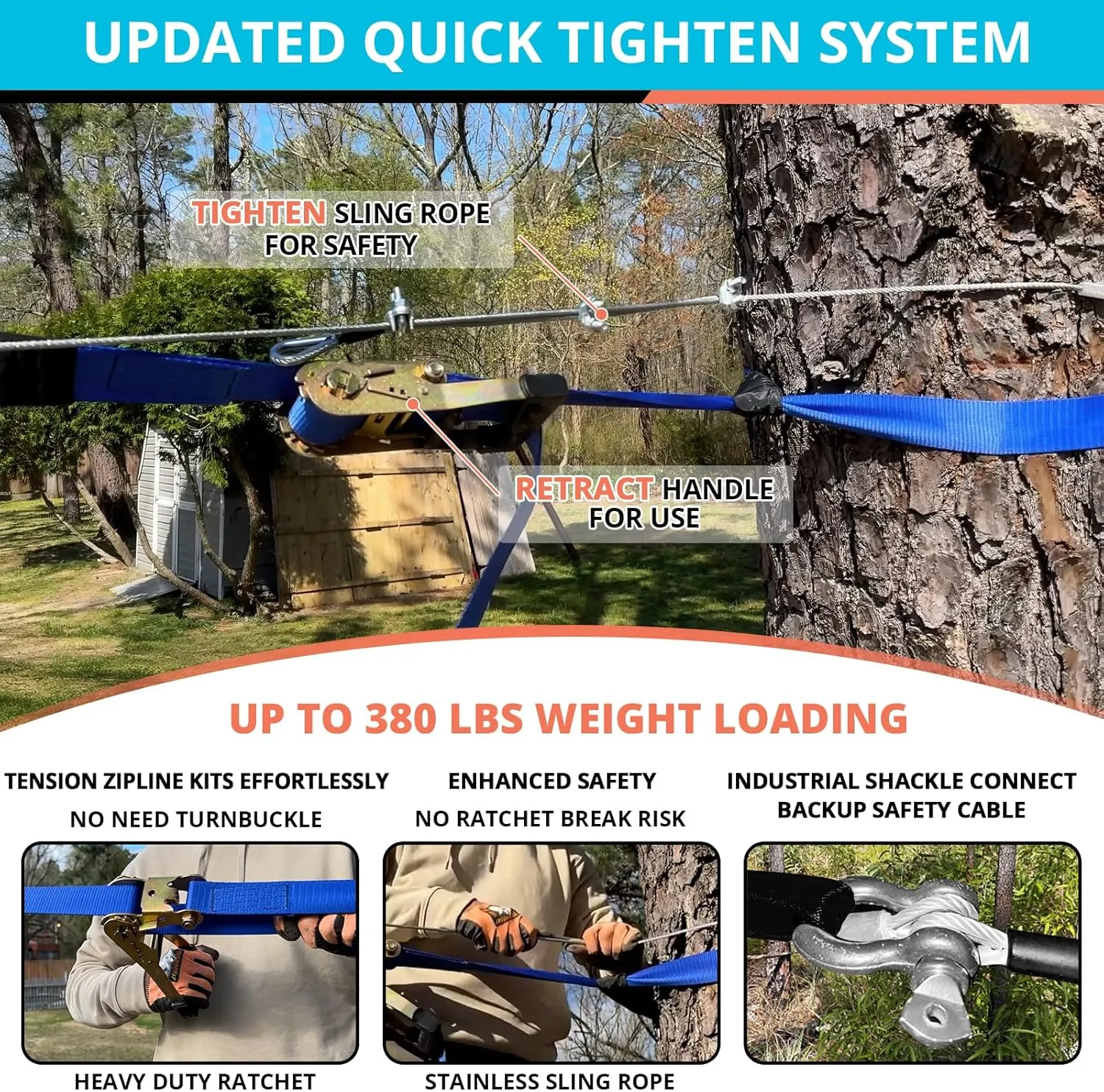Zip Line Kit for Kids Adults : 76FT Up to 380Lbs Quick Setup Zipline for Backyard Outdoor with 100% Rust Proof Removable Trolley Ratchet System Swing Seat Safety Belt Spring Brake