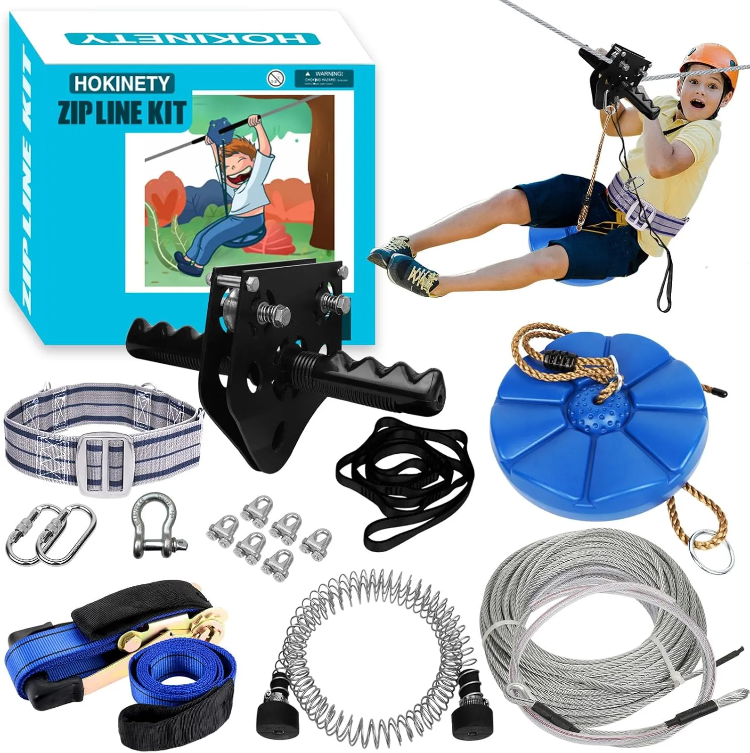 Zip Line Kit for Kids Adults : 76FT Up to 380Lbs Quick Setup Zipline for Backyard Outdoor with 100% Rust Proof Removable Trolley Ratchet System Swing Seat Safety Belt Spring Brake