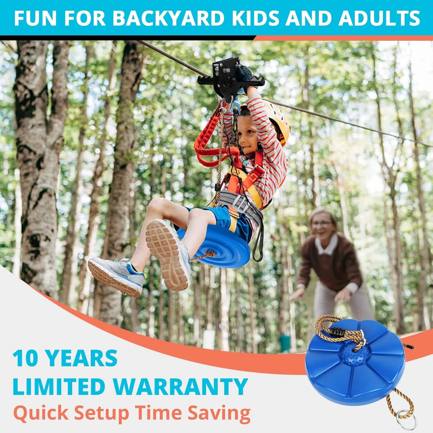 Zip Line Kit for Kids Adults : 76FT Up to 380Lbs Quick Setup Zipline for Backyard Outdoor with 100% Rust Proof Removable Trolley Ratchet System Swing Seat Safety Belt Spring Brake
