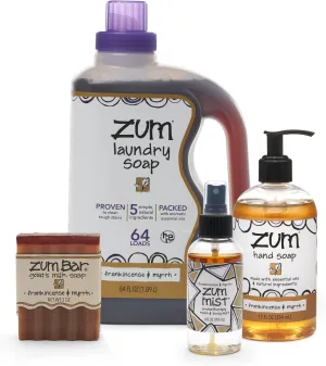 Zum Indigo Wild Home Essentials - Laundry Soap (64 oz) - Liquid Hand Soap (12 fl oz) - Room Spray Air Freshener (4 fl oz) - Goat Milk Soap Bar (3 oz) - Frankincense & Myrrh Scent