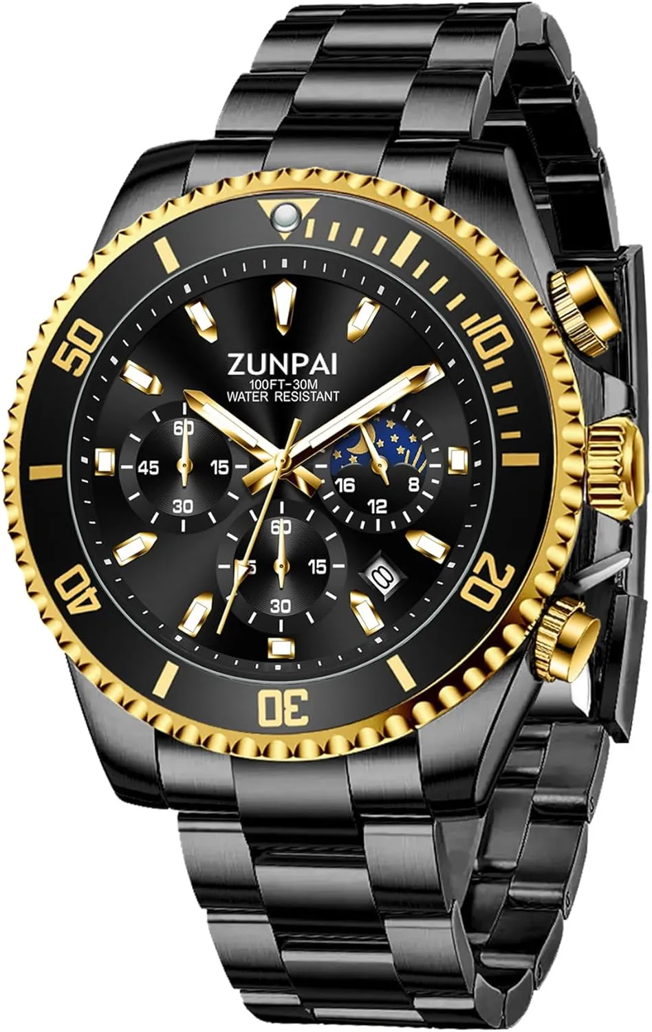 ZUNPAI Moon Phase Watch for Men Multifunction Chronograph, 45mm Large Dial Analog Quartz Wristwatch Luxury Business Dress Watch with Luminous Waterproof Calendar Stainless Steel Strap