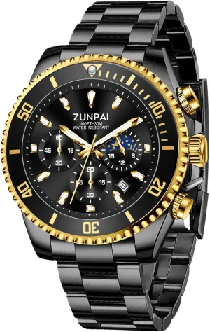 ZUNPAI Moon Phase Watch for Men Multifunction Chronograph, 45mm Large Dial Analog Quartz Wristwatch Luxury Business Dress Watch with Luminous Waterproof Calendar Stainless Steel Strap